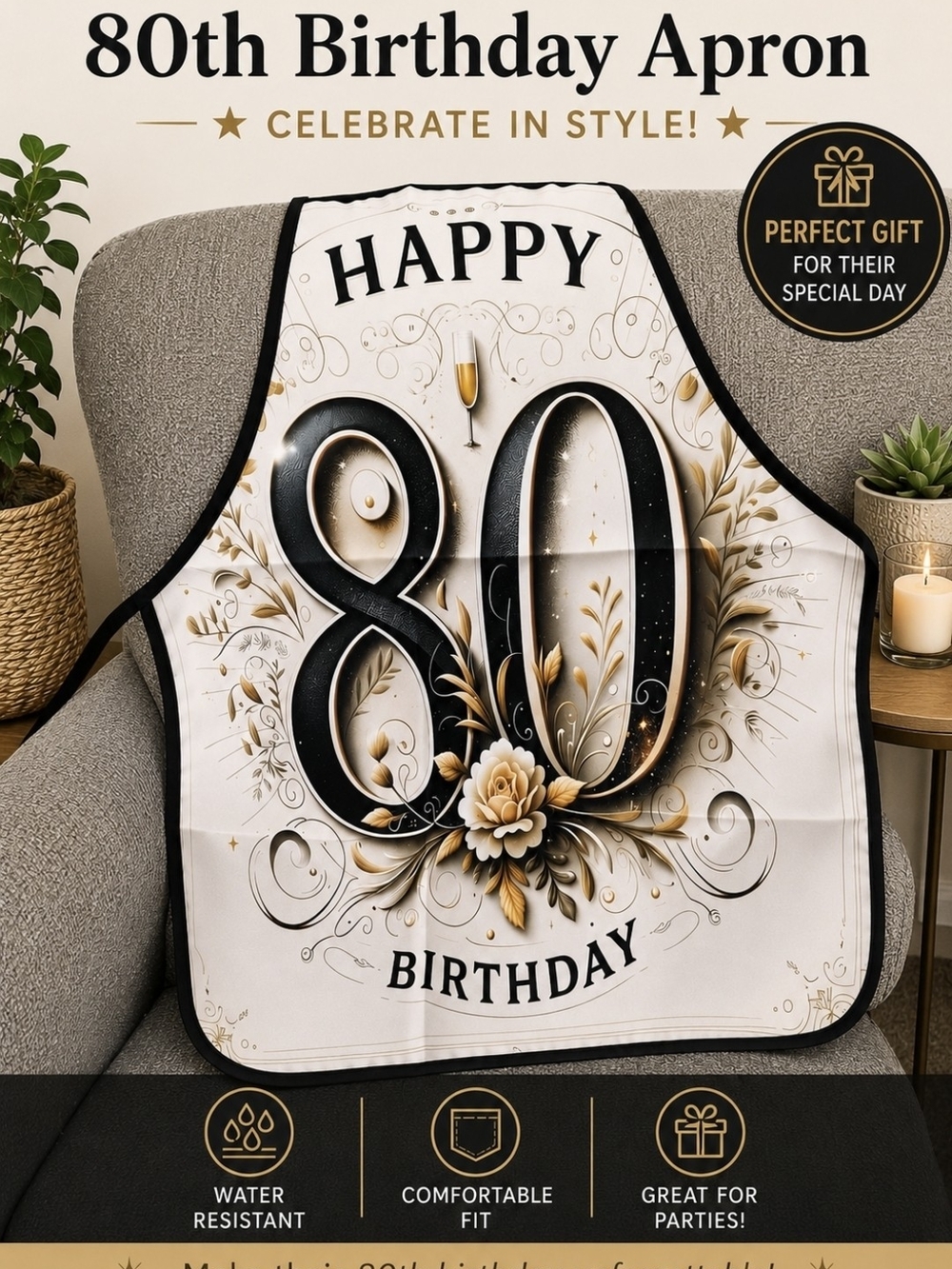 Happy 80th Birthday Apron - Gold & Black Celebration